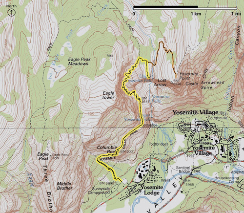 MAP of the Hiking Trail to Yosemite Falls