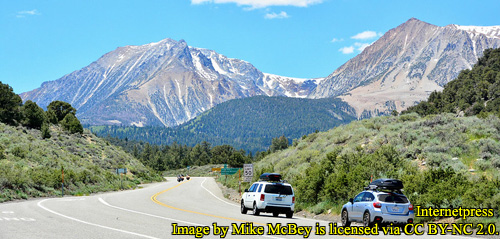 Westbound on Tioga Road, approaching Tioga Pass, California.